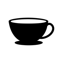 Stylized black and white teacup illustration with curved handle and saucer base