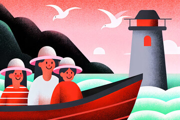 灯台をバックに海辺で小舟に乗る親子
