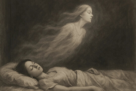 surreal artwork of spirit leaving body in sleep, ghostly soul rising, dark mystical dream concept.