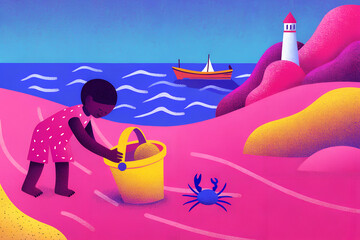 ヨットと灯台をバックに砂浜で遊ぶ子供
