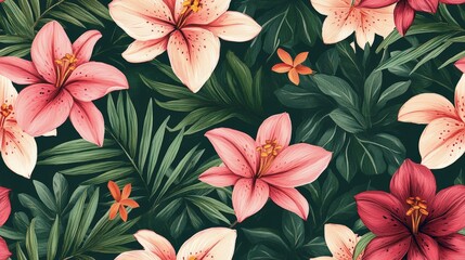 A vibrant floral pattern featuring pink and red lilies amidst lush green leaves, creating a lively and tropical aesthetic.