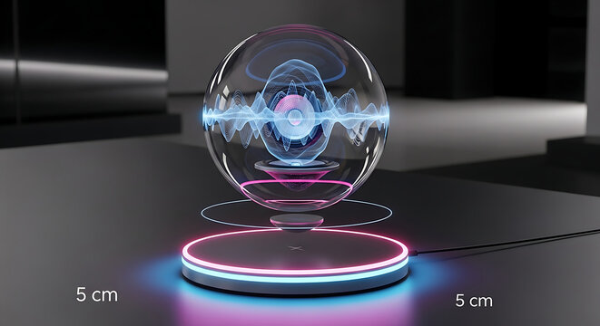Futuristic levitating sphere with glowing energy core on a platform