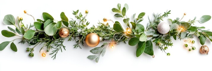 Festive christmas garland with golden ornaments and warm lights on white background