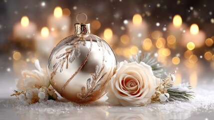 Elegant Christmas glass ornament, decorated with details in soft beige and gold tones,