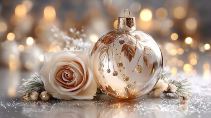 Elegant Christmas glass ornament, decorated with details in soft beige and gold tones,