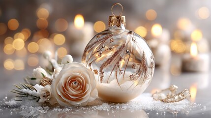 Elegant Christmas glass ornament, decorated with details in soft beige and gold tones,