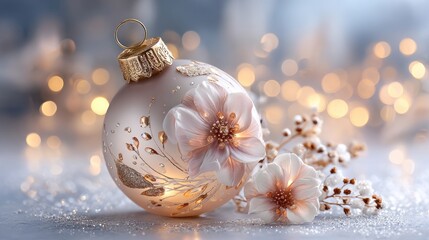 Elegant Christmas glass ornament, decorated with details in soft beige and gold tones,