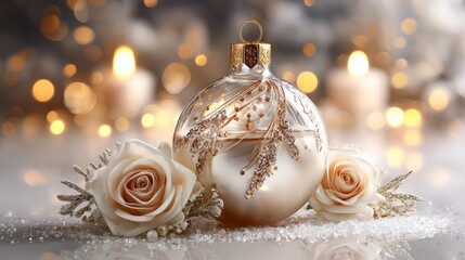 Elegant Christmas glass ornament, decorated with details in soft beige and gold tones,