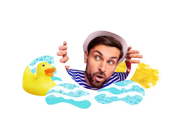 Composite photo collage of cunning guy peek circle lifebuoy duck toy ocean resort beach summertime trip isolated on painted background