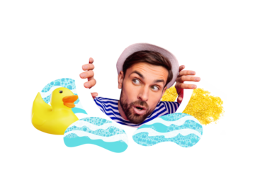 Composite photo collage of cunning guy peek circle lifebuoy duck toy ocean resort beach summertime trip isolated on painted background