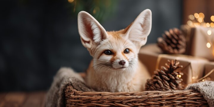 Adorable fennec fox with large ears sitting in a wicker basket surrounded by pine cones and wrapped Christmas gifts. Warm lighting and sparkling bokeh create a cozy holiday atmosphere.