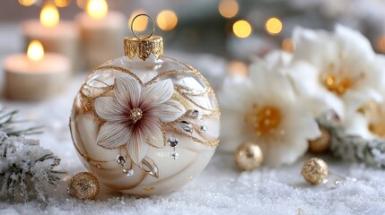 Elegant Christmas glass ornament, decorated with details in soft beige and gold tones,