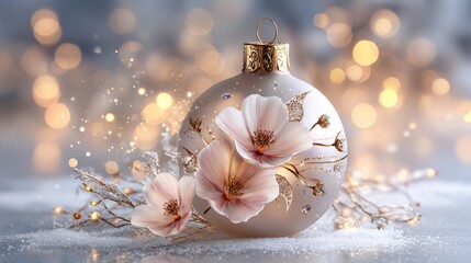 Elegant Christmas glass ornament, decorated with details in soft beige and gold tones,