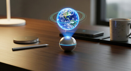 Futuristic holographic globe projecting from a smart device on a desk
