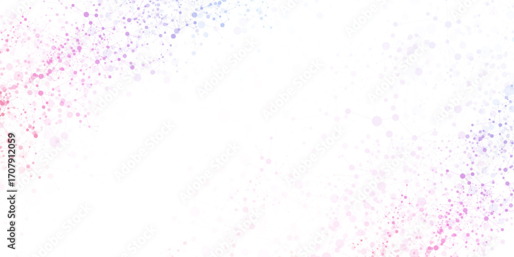 Poster abstract molecular network structure with gradient nodes and connecting lines in blue and purple ton