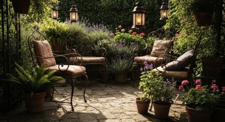 Serene Rustic Aesthetic Patio Oasis with Lanterns and Lush Greenery for Outdoor Relaxation