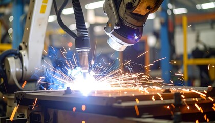 A robotic arm in an industrial setting welds metal, sparks fly, illuminating the work area