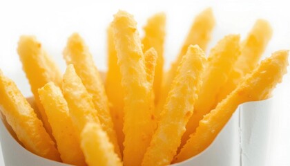 Crispy French Fried Chips in White Paper Packaging  Close Up on Golden Texture, Culinary Still Life, Isolated on Pure White