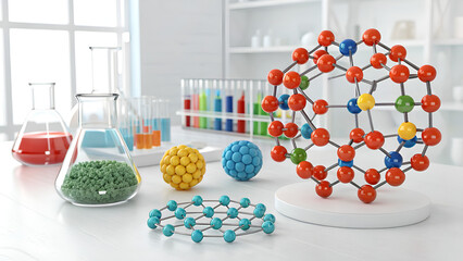 Discovering molecular structures and chemical reactions in a bright, modern science laboratory setting with colorful experiments