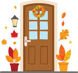 A front door with an autumn wreath, a lantern, and potted plants. A cozy and welcoming vector illustration for fall and Thanksgiving home decor. Generative AI