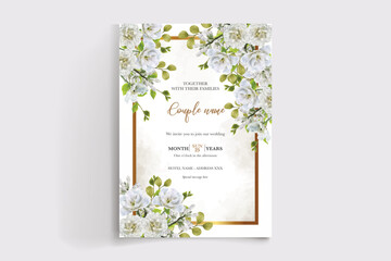 WEDDING INVITATION FRAME WITH FLOWER DECORATIONS AND FRESH LEAVES © IGNA