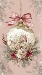 old-fashioned snow globe, with a christmas tree inside the glass ball,set against a delicate pink background in a vintage style.