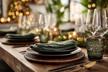 Naklejka premium A beautifully set dining table with elegant plates, glasses, and green accents, creating a warm and inviting atmosphere.