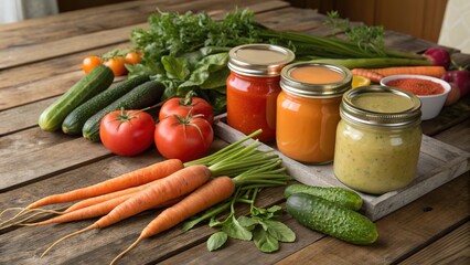 Vibrant harvest display featuring fresh farm vegetables and colorful purees on a rustic wooden table