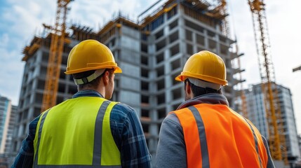 Two construction workers observe a building site, wearing safety gear and hard hats, with cranes and scaffolding in the background, illustrating the construction industry.