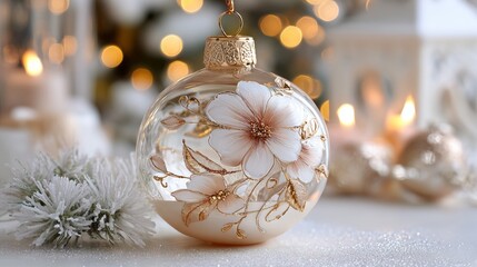 Elegant Christmas glass ornament, decorated with details in soft beige and gold tones,