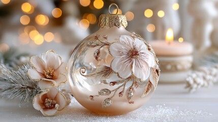 Elegant Christmas glass ornament, decorated with details in soft beige and gold tones,