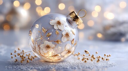 Elegant Christmas glass ornament, decorated with details in soft beige and gold tones,