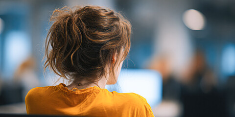 A young woman with a messy bun sits in a workspace, focusing on her surroundings, wearing a bright yellow shirt.