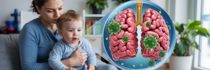 Mother caring for a sick child with a lung infection, Human Metapneumovirus 