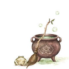 Vintage witch's cauldron with green potion, broom and frog. Hand drawn watercolor illustration isolated on white background. Kids print for Halloween decor, magic design, postcard, poster, sticker.
