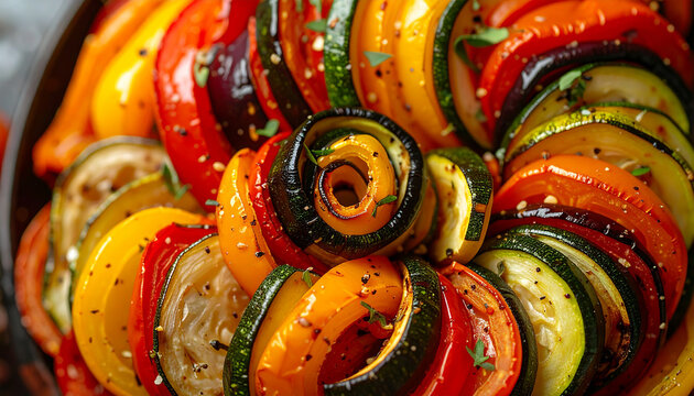 Ratatouille tian, thinly sliced vegetables arranged in spiral. Tasty food. Delicious meal