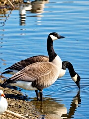 Geese foraging by the water's edge tranquil lake setting wildlife photography close-up view nature concept