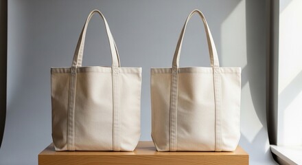 Two plain cream tote bags upright on oak wooden block, pale grey seamless background, clean product photography for minimalist eco branding