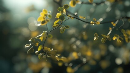 Sunlit branches with delicate, young leaves in a soft focus
