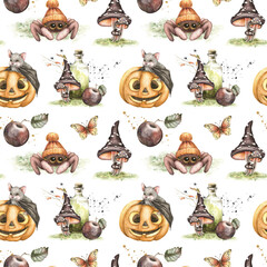 Seamless pattern with cute bat, spider, pumpkin, butterfly, black apple, amanita, bottle, splashes. Hand drawn watercolor fairy illustration on white background. Kids fall design, Halloween print.