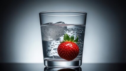 Sparkling water with ice and strawberry in a glass