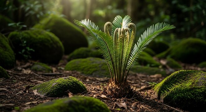 Rare cycas panzhihuaensis with spiraling fronds, rocky moss forest floor, natural sunlight photography for exotic plant documentation