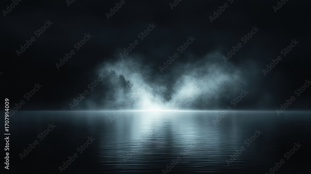 Poster a serene, misty lake scene illuminated by a soft light, creating a mystical atmosphere with reflecti