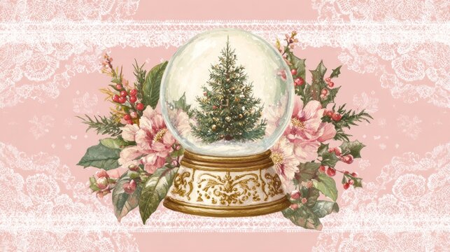 old-fashioned snow globe, with a christmas tree inside the glass ball,set against a delicate pink background in a vintage style.