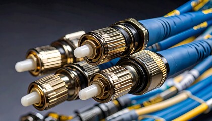 Close-up of Gold-Plated Fiber Optic Connectors