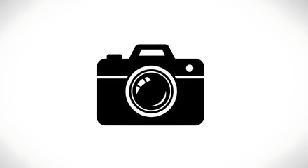 A black and white graphic illustration of a camera with a lens in the center on a white background ai generated