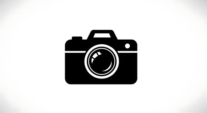 A black and white graphic illustration of a camera with a lens in the center on a white background ai generated