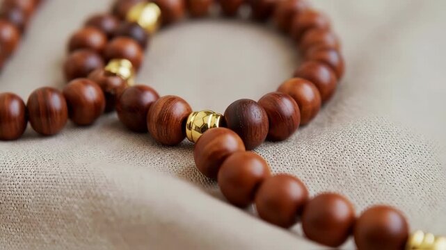 Close-up of wooden beaded bracelets on a light beige surface