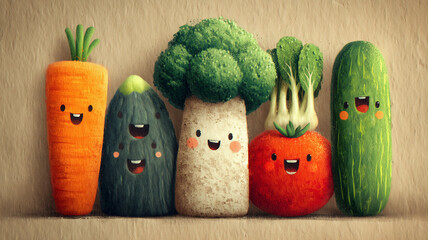 Zabawne ilustracje warzyw dla dzieci – kolorowe marchewki, pomidory i brokuły w wesołym, przyjaznym stylu