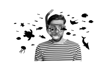 Composite photo collage of astonished guy wear undersea equipment tube fish turtle jellyfish scuba diver isolated on painted background